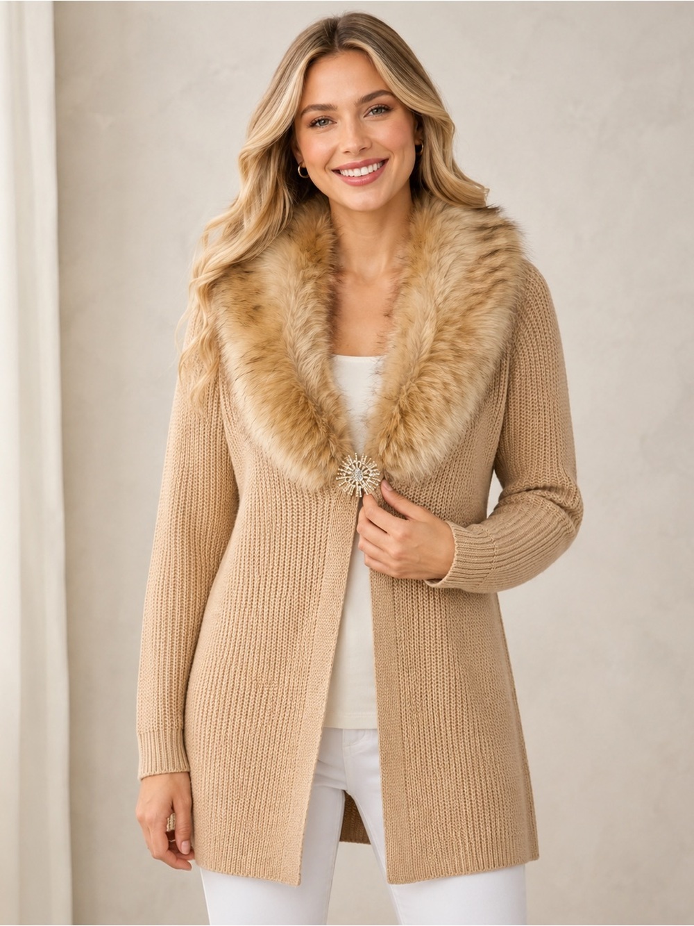 John Paul Richard Camel Faux Fur Collar Knit Cardigan Sweater NWT Size M - Picture 7 of 8